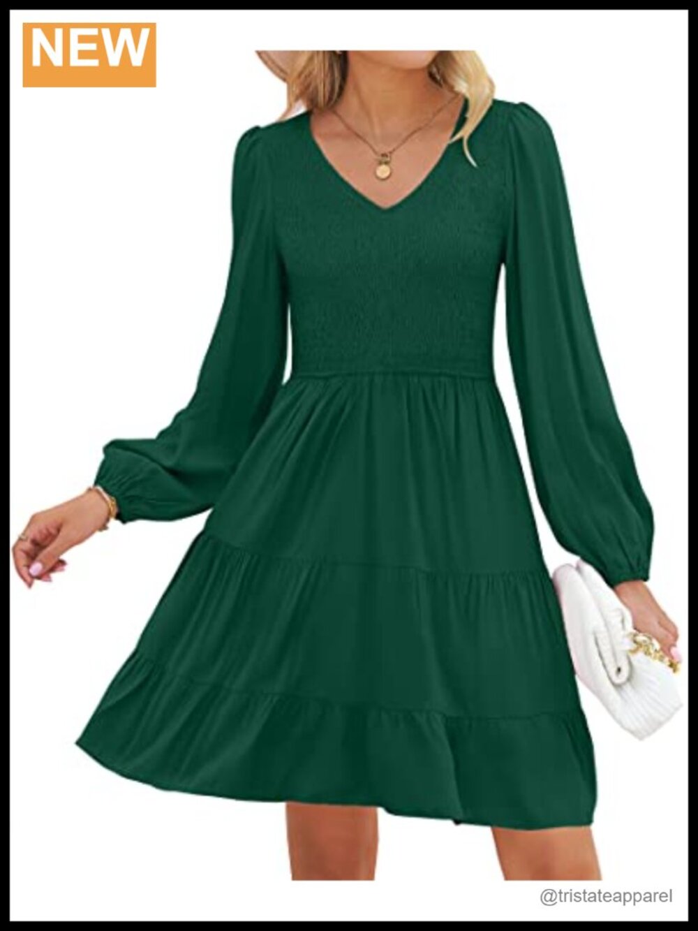 Women's Long Sleeve V Neck Smocked Boho Mini Dress Casual